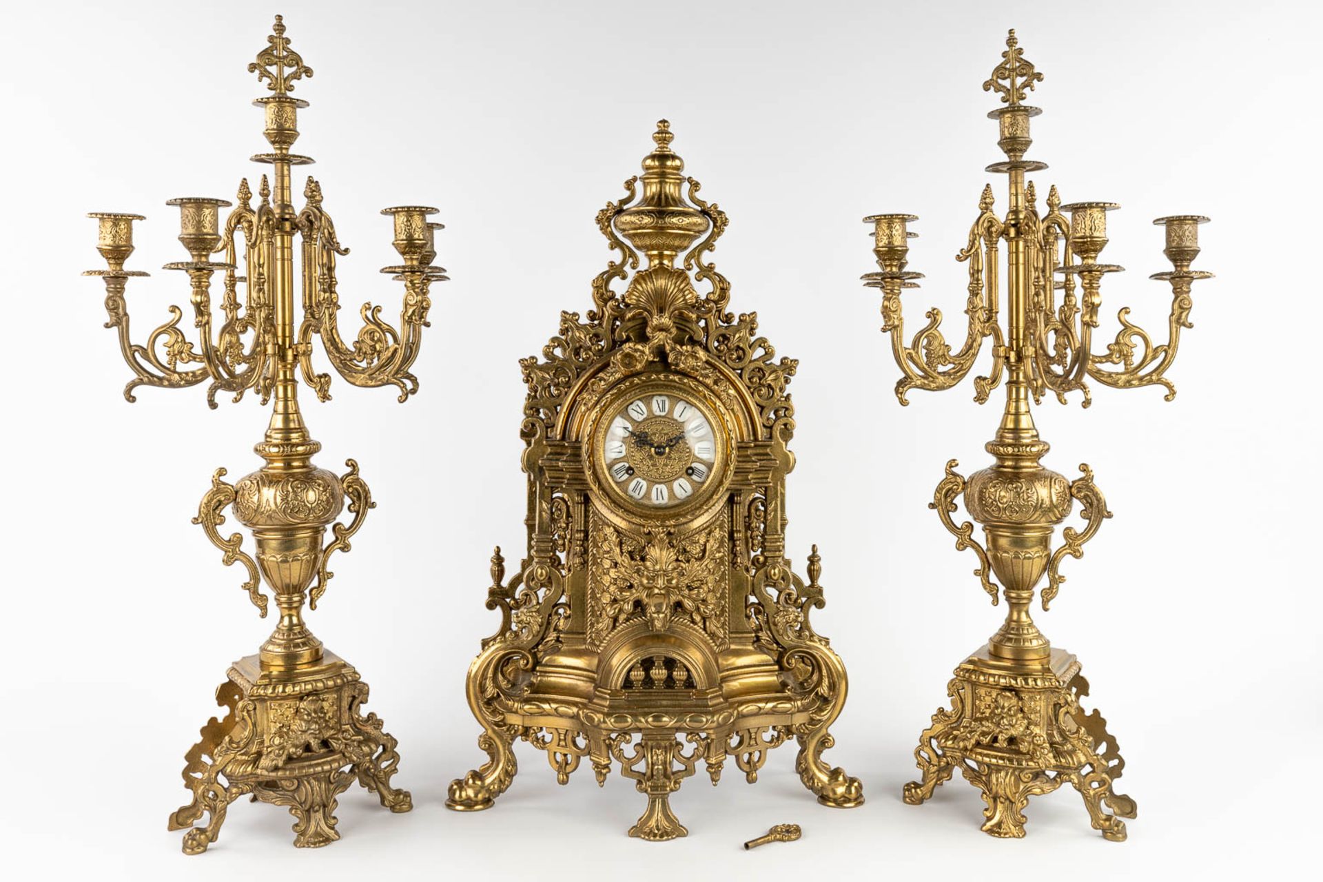 A three-piece mantle garniture clock, bronze, clock and candelaba. 20th C. (L:17 x W:26 x H:67 cm) - Image 3 of 19