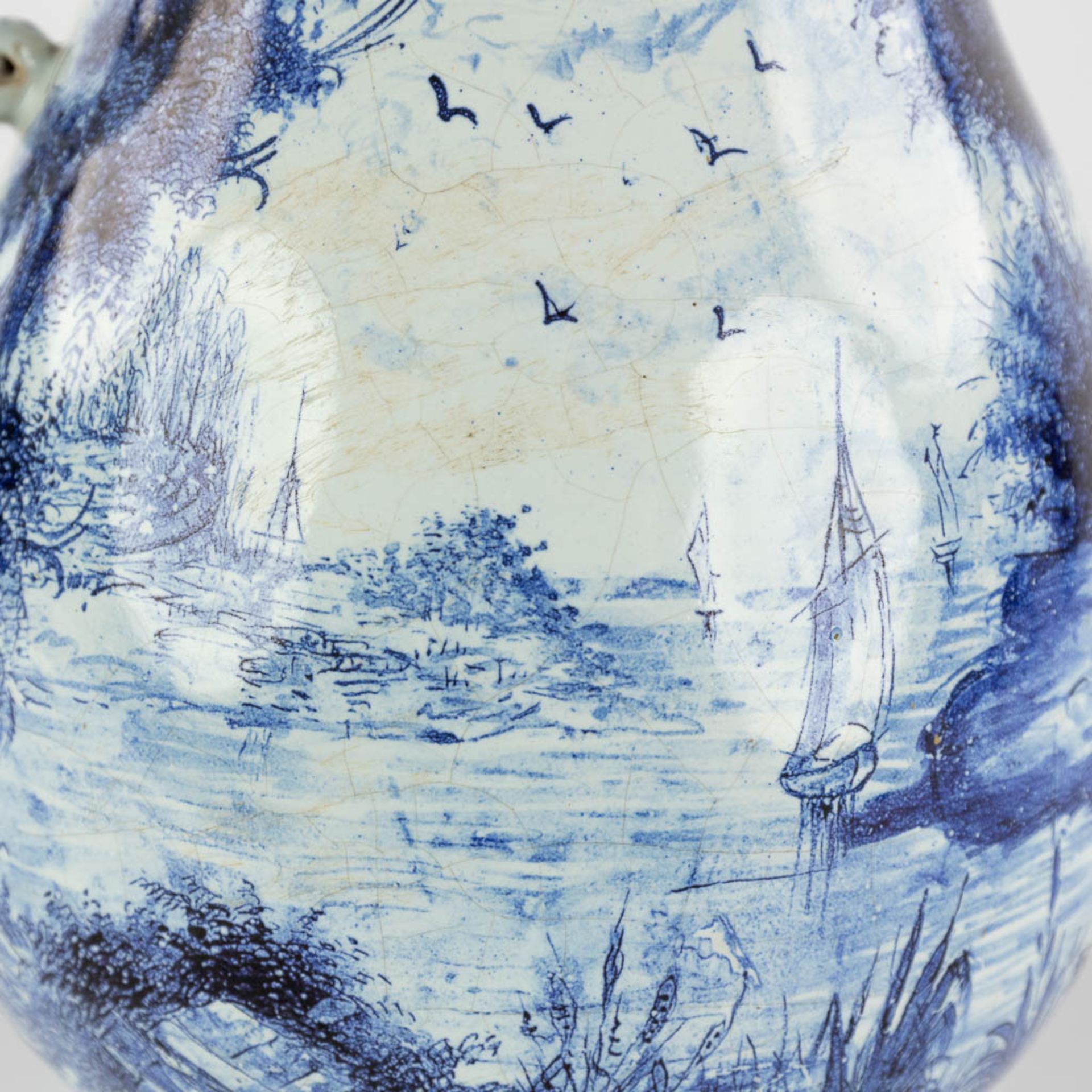 Delft, an antique pitcher with romantic scène, blue-white faience. 18th c. (L:17 x W:20 x H:33 cm) - Image 16 of 20