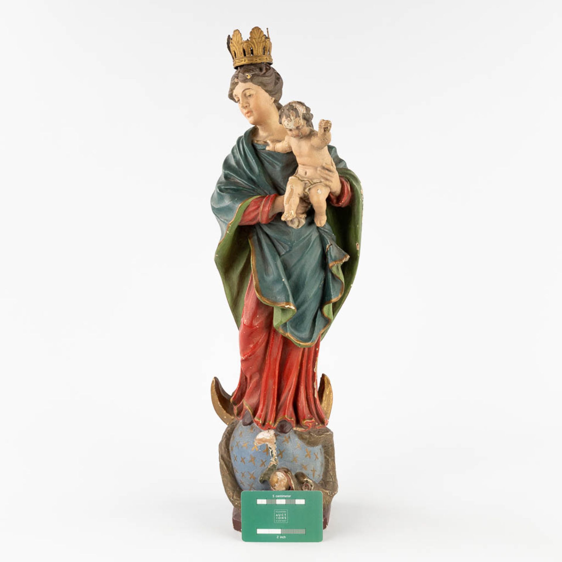 Madonna with Child standing on a Crescent moon and Serpent, wood sculpture, 19th C. (L:12 x W:16 x H - Bild 2 aus 14