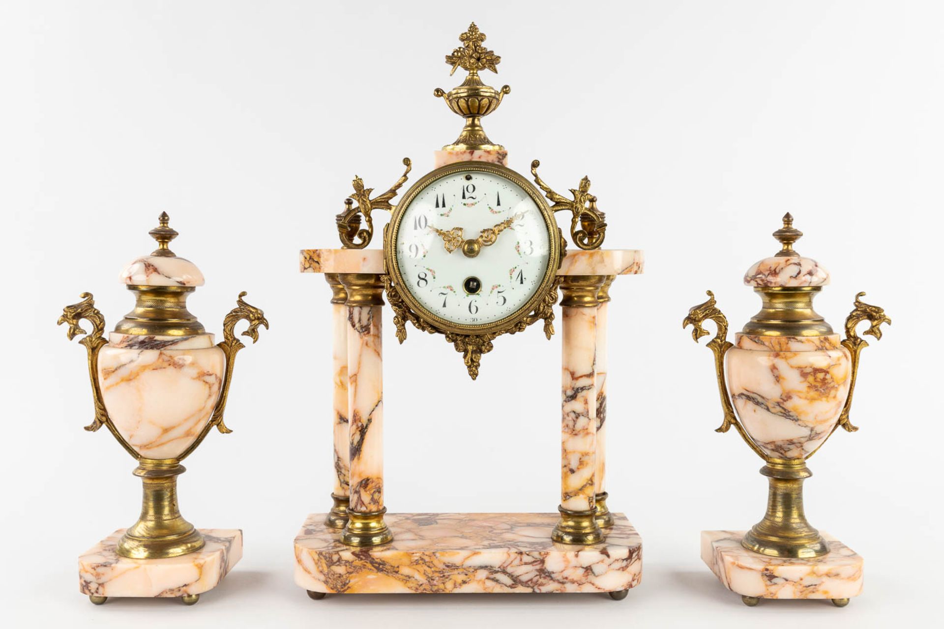 A three-piece mantle garniture, Clock with side pieces, marble mounted with bronze. Circa 1900. (L:1 - Image 4 of 13