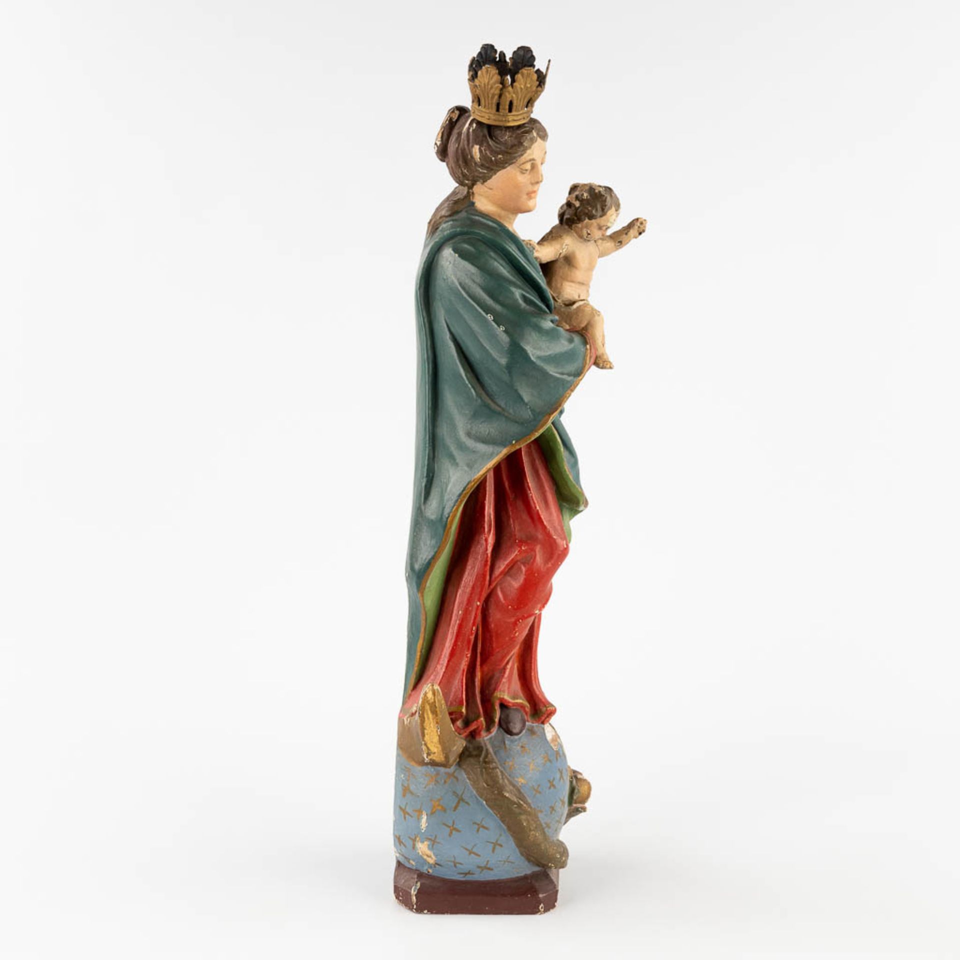 Madonna with Child standing on a Crescent moon and Serpent, wood sculpture, 19th C. (L:12 x W:16 x H - Image 4 of 14