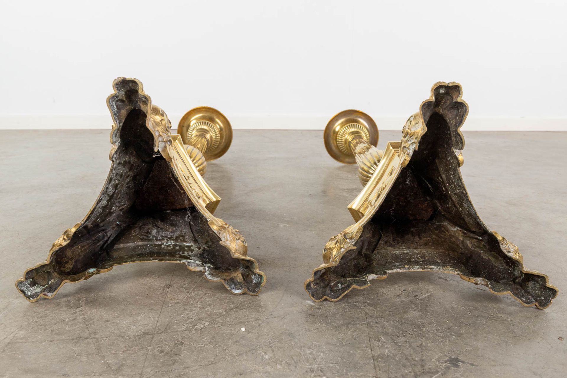 A pair of gold-plated and bronze church candle holders. Images of Joseph, Jesus and Mary. 19th C. (H - Image 9 of 12