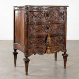 An antique and small chest of drawers, sculptured oak in Louis XVI style. (L:45 x W:78 x H:92 cm)