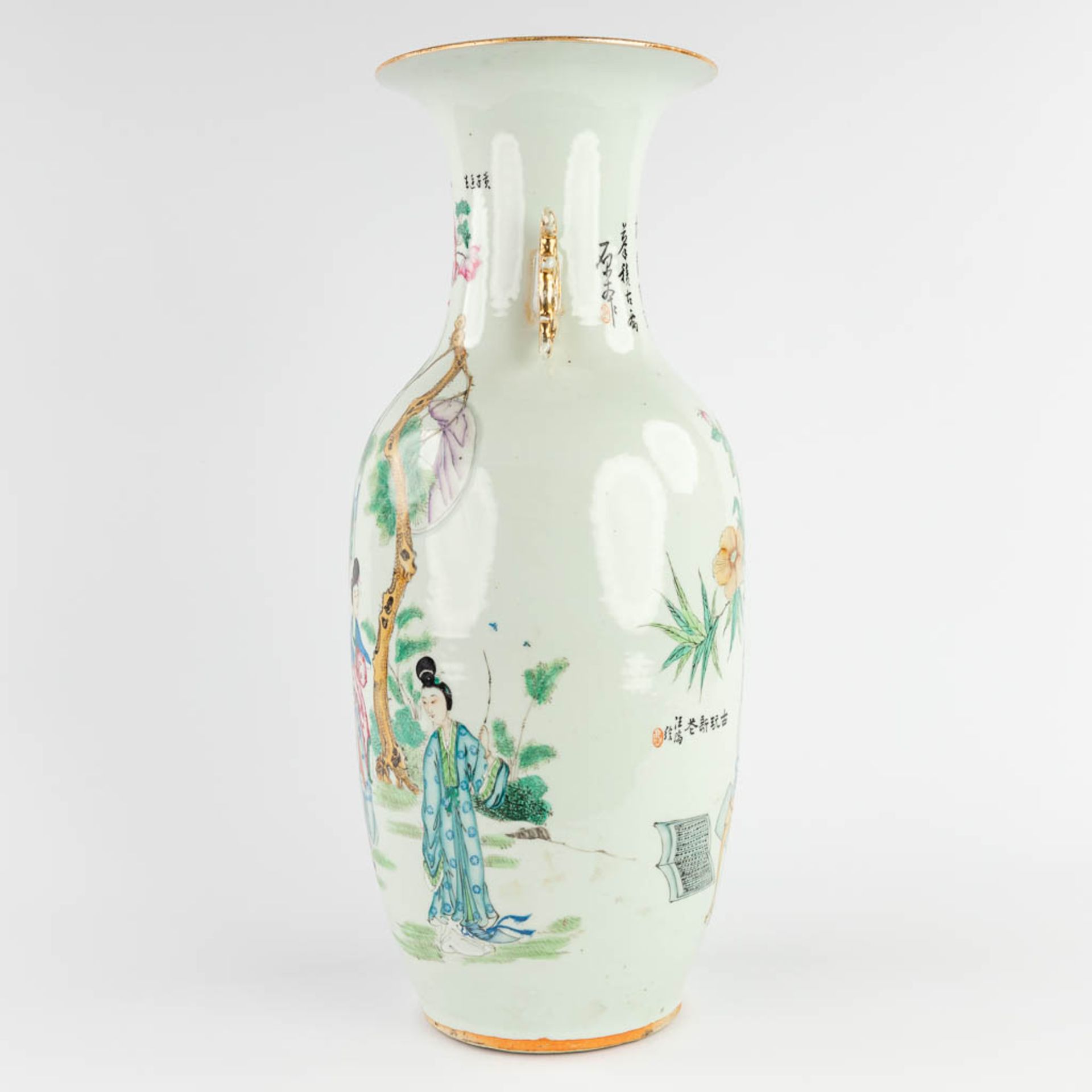 A Chinese vase, decorated with a double decor of Ladies, Wise men and Blossoms. 19th/20th C. (H:58 x - Image 6 of 14