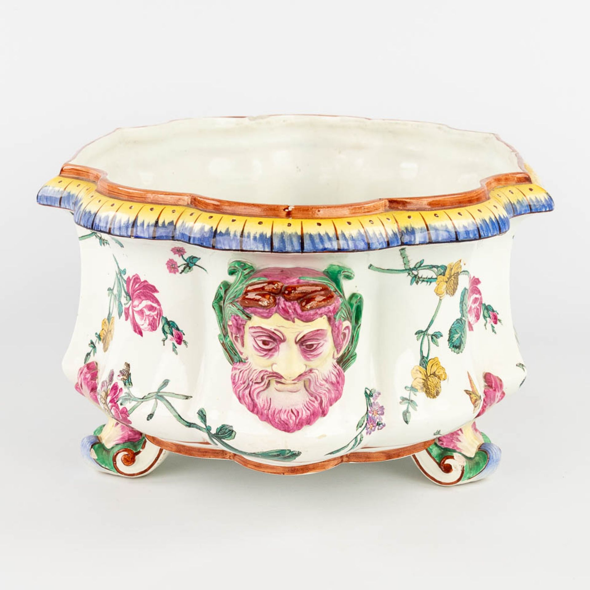 Faiencerie de Gien, a large bottle cooler with a hand-painted decor of fauna and flora. 19th C. (L:3 - Image 6 of 19