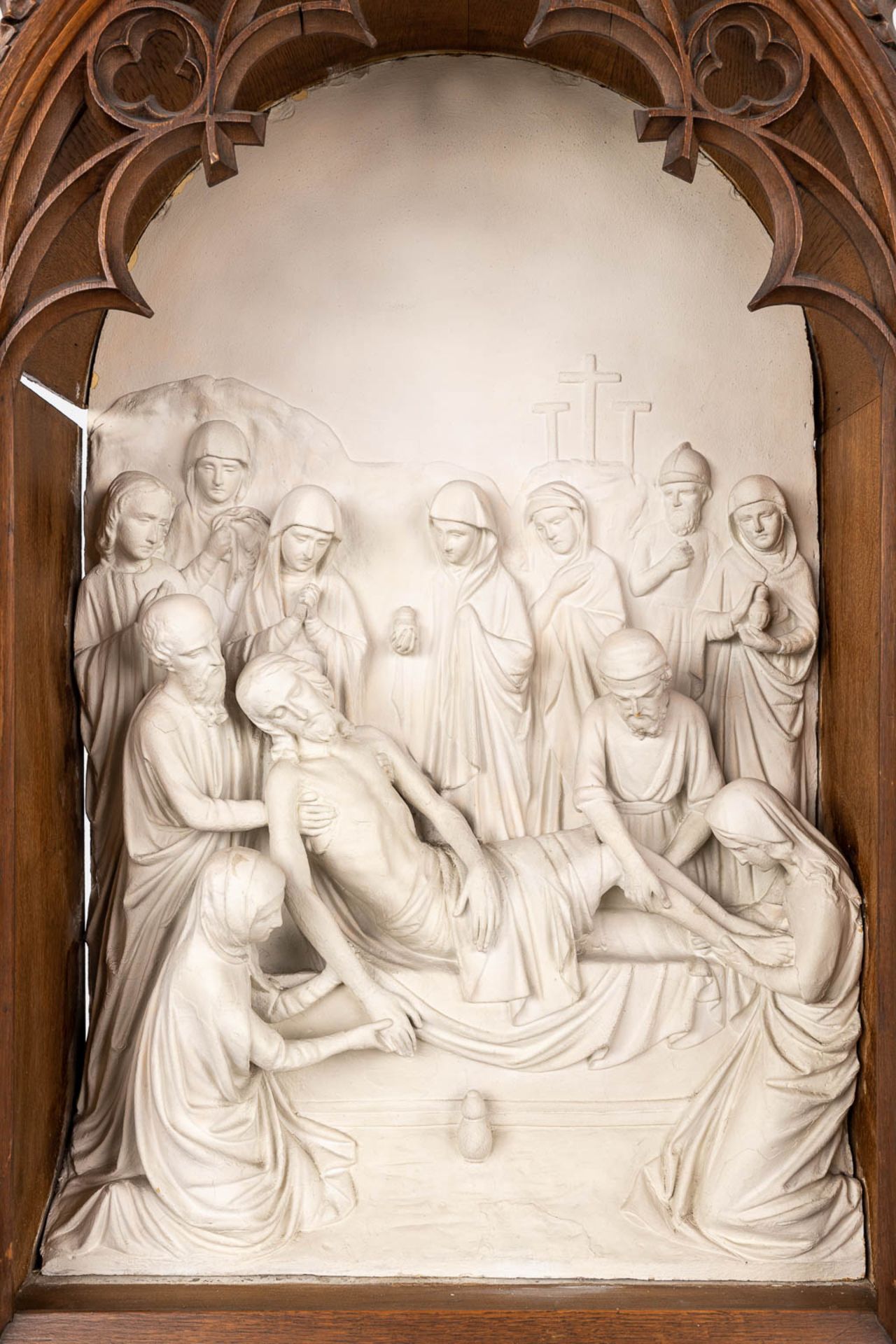 An extensive 14-piece 'Stations Of The Cross', plaster with gothic revival, wood-sculptured frames. - Image 30 of 30