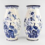 A pair of vases with blue-white decor, marked Dresden Germany. (H:64 x D:30 cm)