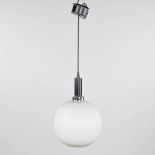 A suspension lamp, opaline glass and chromed metal. (H:40 x D:24 cm)