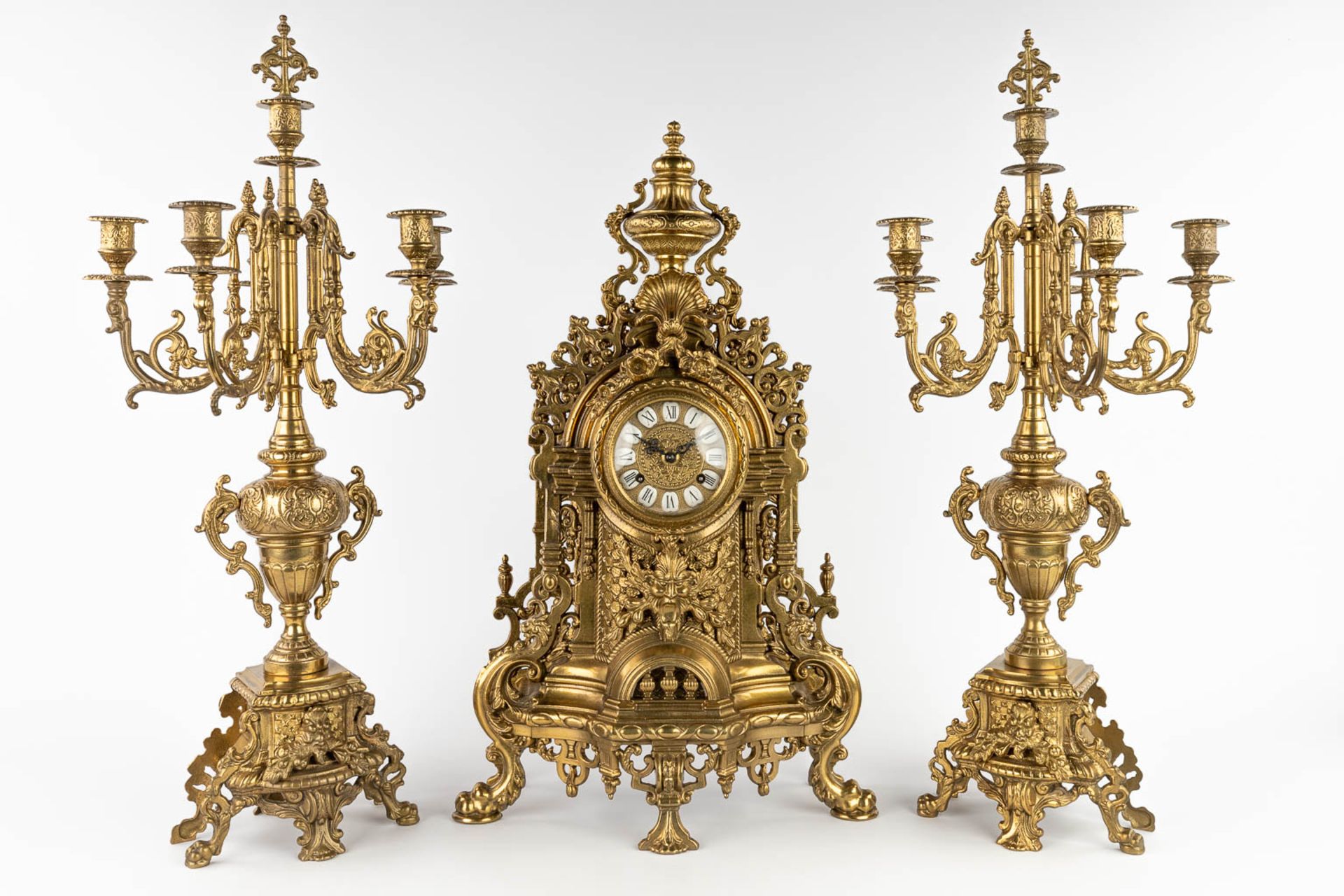 A three-piece mantle garniture clock, bronze, clock and candelaba. 20th C. (L:17 x W:26 x H:67 cm) - Image 4 of 19