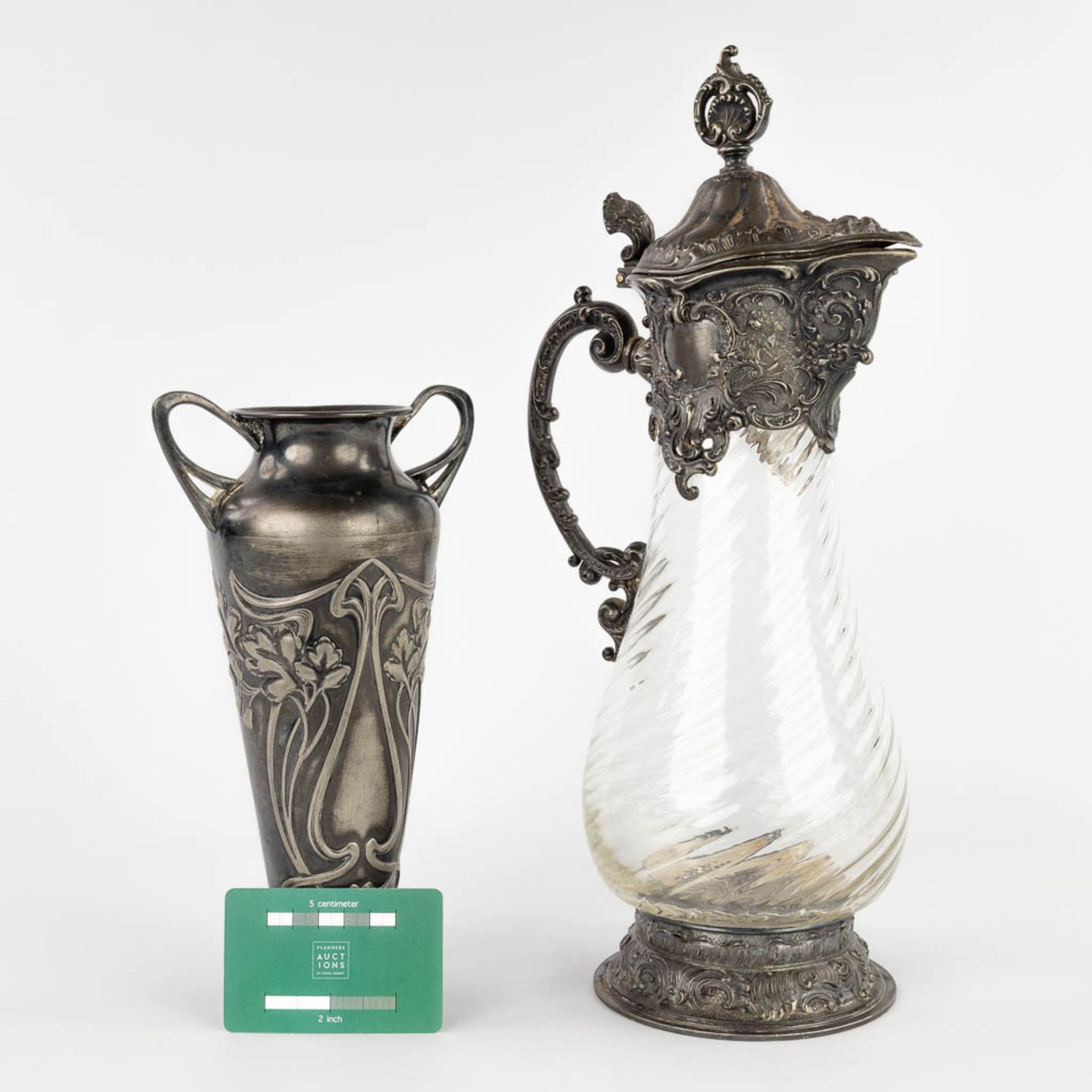WMF, a pitcher and a vase, silver-plated metal in Art Nouveau style. (L:13,5 x W:18 x H:38 cm) - Image 2 of 15