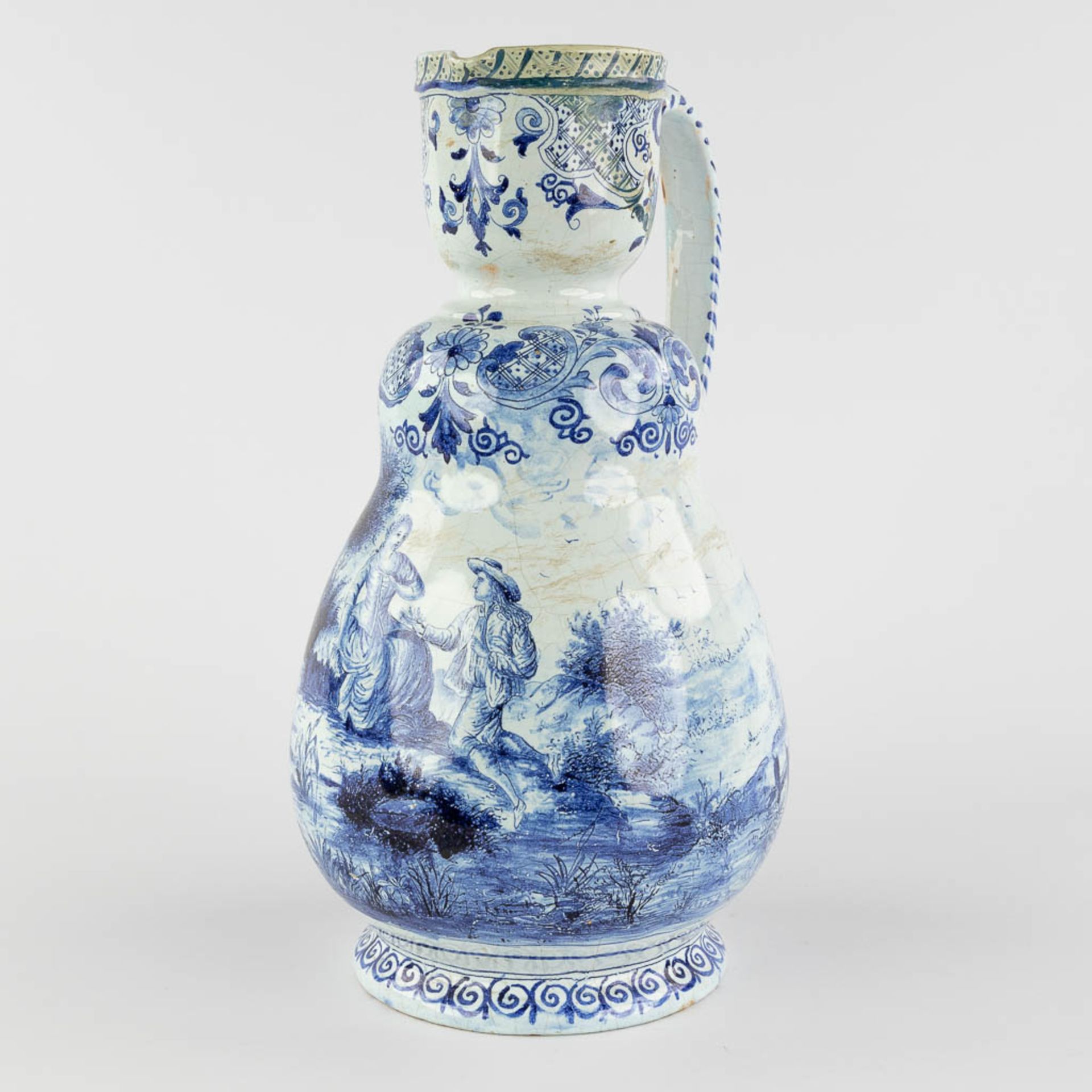 Delft, an antique pitcher with romantic scène, blue-white faience. 18th c. (L:17 x W:20 x H:33 cm) - Image 4 of 20