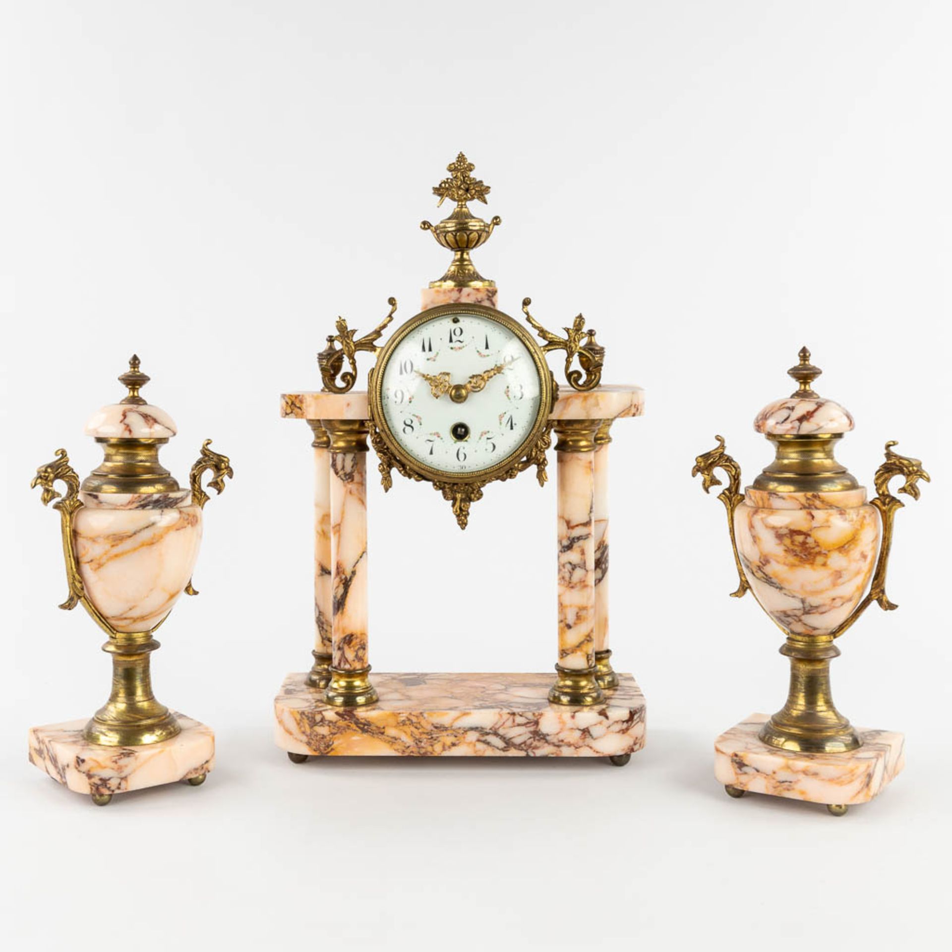 A three-piece mantle garniture, Clock with side pieces, marble mounted with bronze. Circa 1900. (L:1 - Image 3 of 13