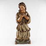An antique wood-sculptured figurine of a praying lady. 18th C. (L:21 x W:33 x H:85 cm)