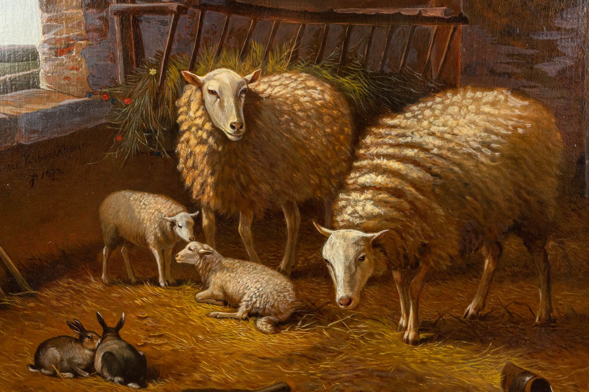 Sheep in a barn, a painting, oil on canvas. Framed in a nice frame. (W:61 x H:70 cm) - Image 4 of 7