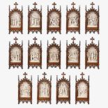 An extensive 14-piece 'Stations Of The Cross', plaster with gothic revival, wood-sculptured frames.