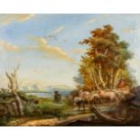 'Landscape with sheep', a painting, oil on panel. 19th C. (W:66 x H:53 cm)