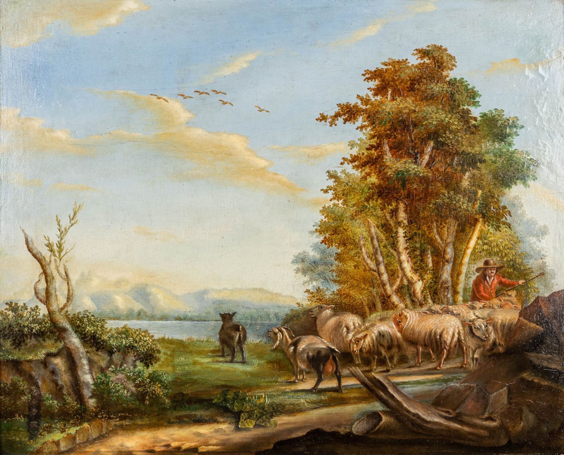'Landscape with sheep', a painting, oil on panel. 19th C. (W:66 x H:53 cm)