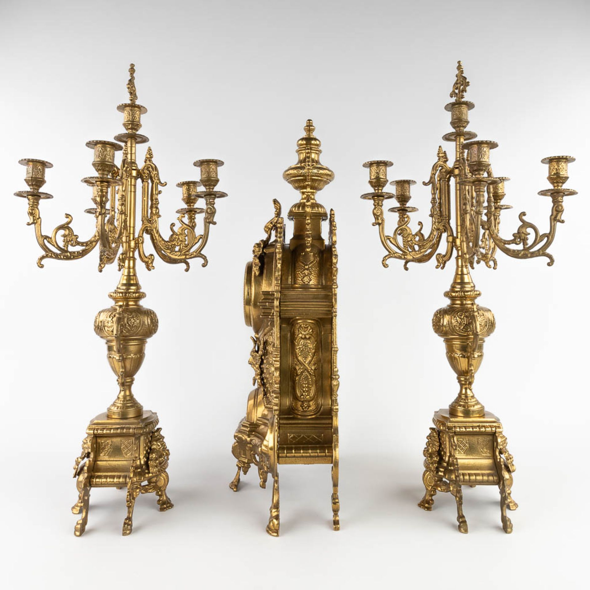 A three-piece mantle garniture clock, bronze, clock and candelaba. 20th C. (L:17 x W:26 x H:67 cm) - Image 8 of 19