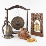 3 bells and a gong, Oriental. 19th/20th C. (L:13 x W:47 x H:55 cm)