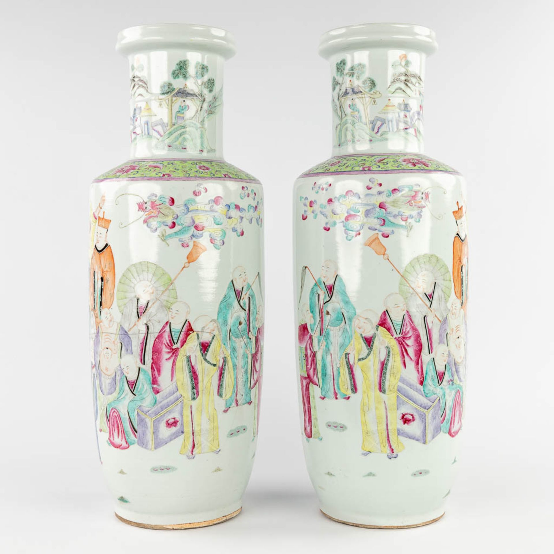 A pair of Chinese Famille Rose vases, decorated with wise men. 19th/20th C. (H:61 x D:21 cm) - Image 3 of 18