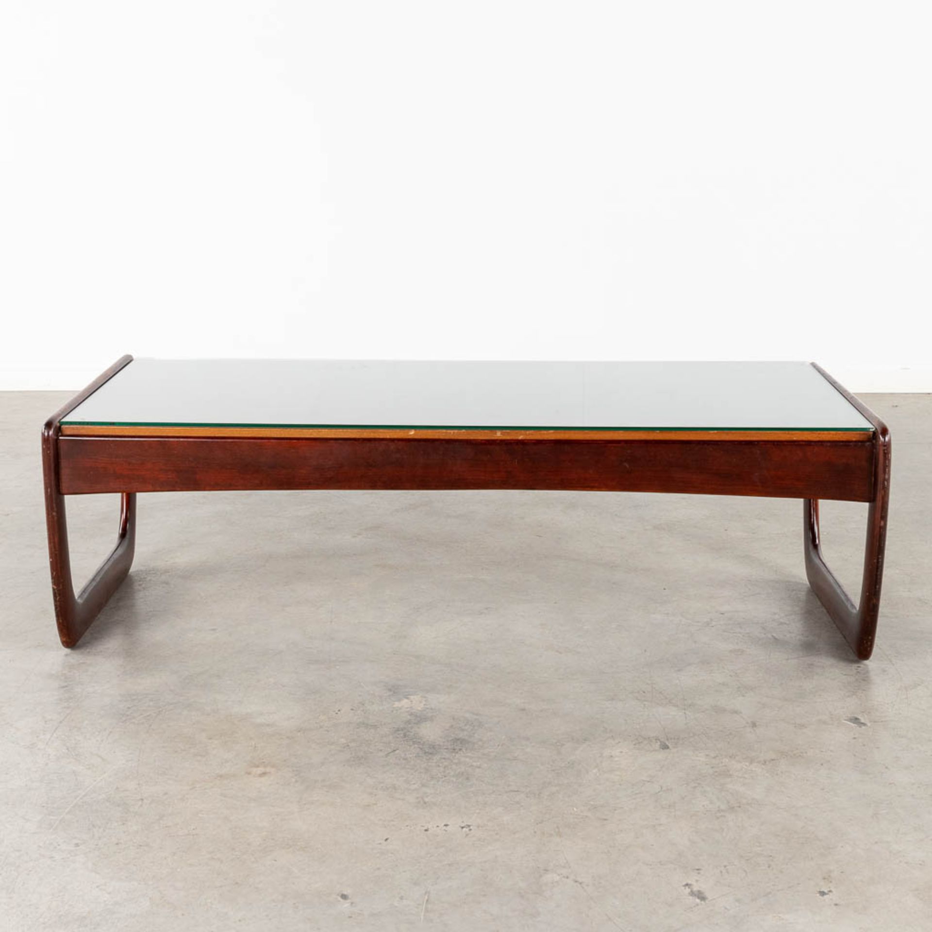 A mid-century coffee table with a glass top, probably teak. (L:30 x W:130 x H:40 cm) - Image 5 of 12