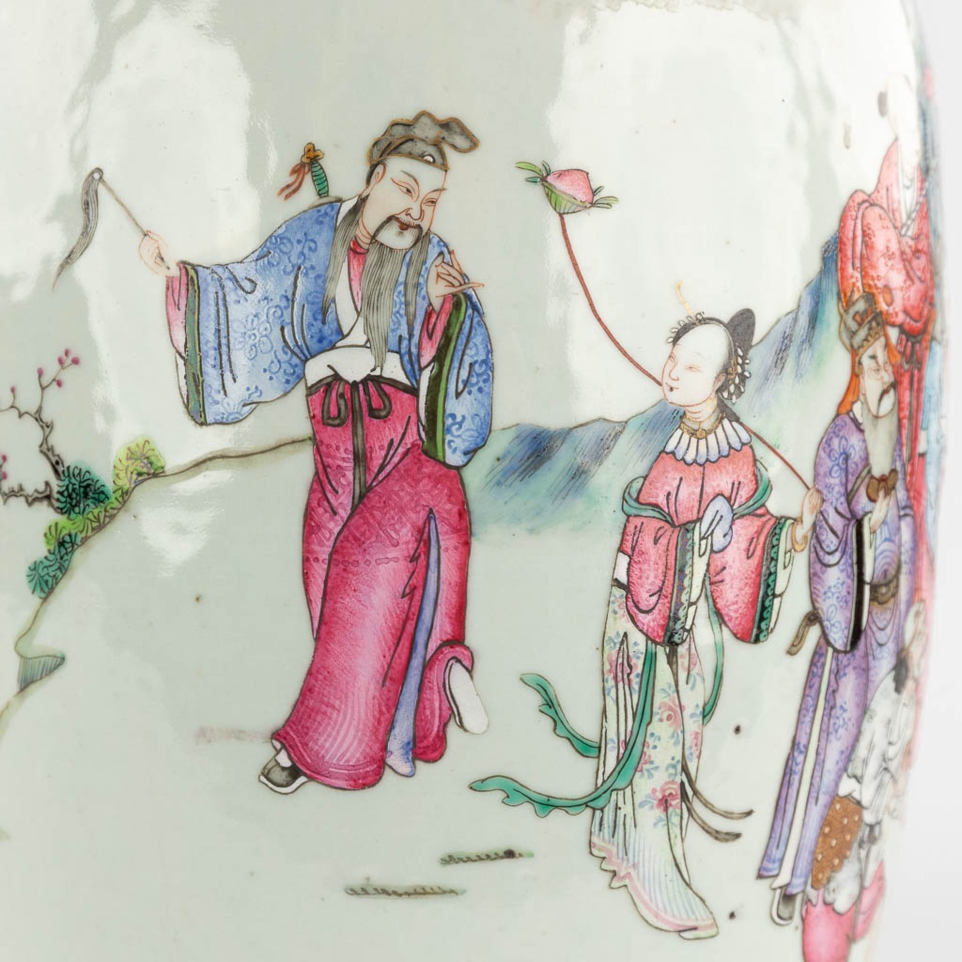 A Chinese Famille Rose vase, decorated with Wise men and items of good fortune. 19th C. (H:60 x D:25 - Image 15 of 18