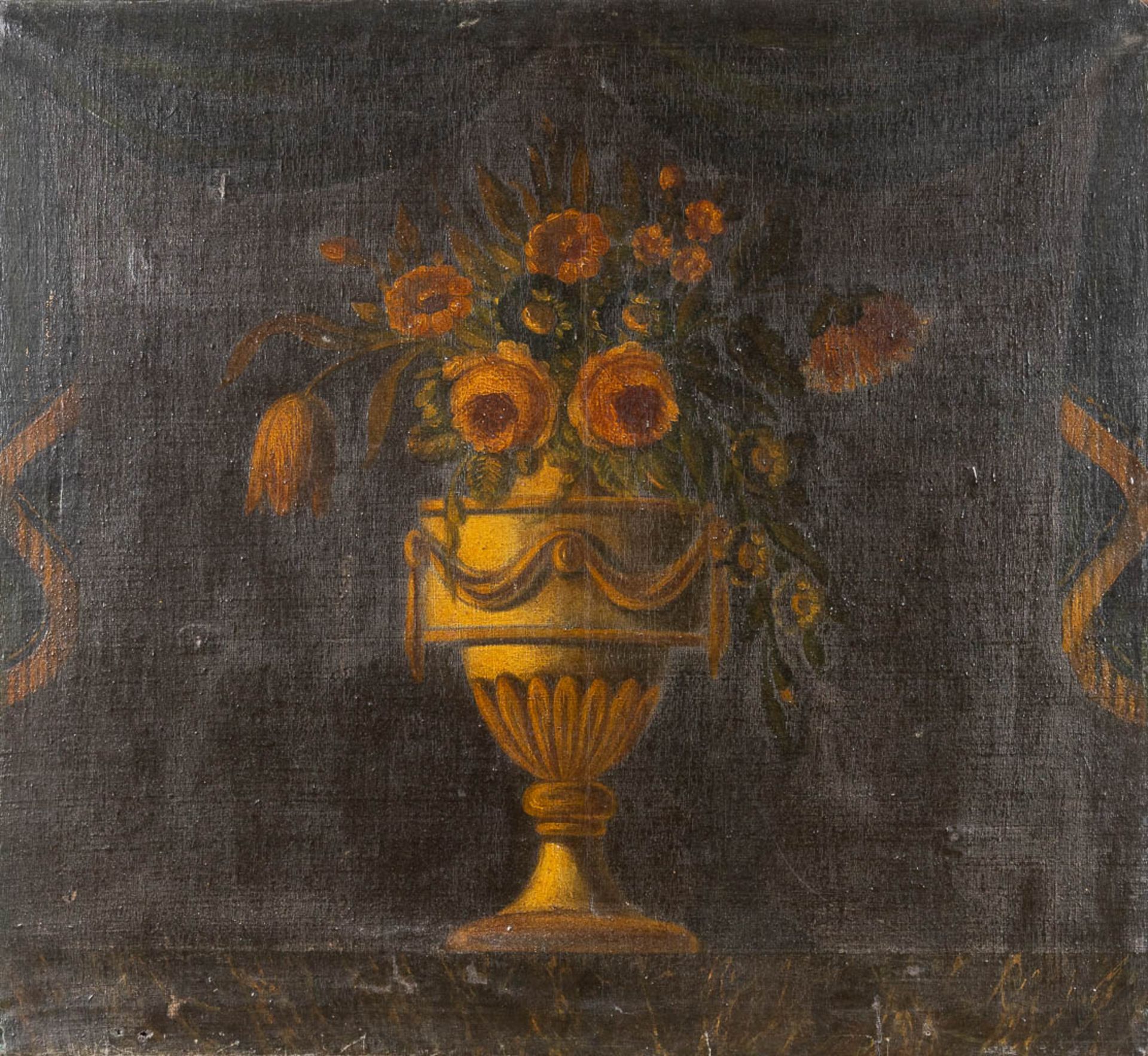 An antique, decorative painting of a flower vase. Oil on canvas. 18th C. (W:74 x H:67 cm)