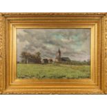 View on a village, a painting, oil on canvas. Mounted in a nice frame. (W:88 x H:60 cm)