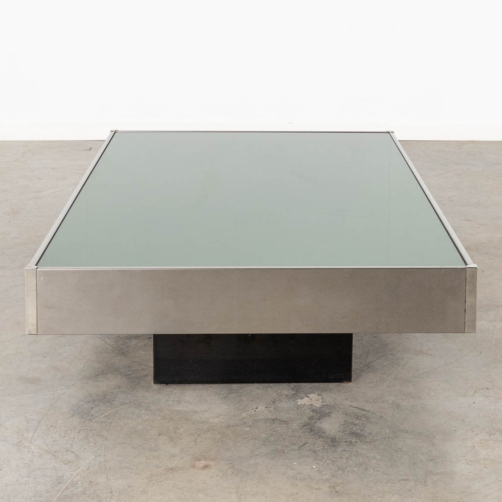 A coffee table, tinted glass and chrome, in the style of Willy Rizzo. (L:80 x W:120 x H:31 cm) - Image 4 of 10