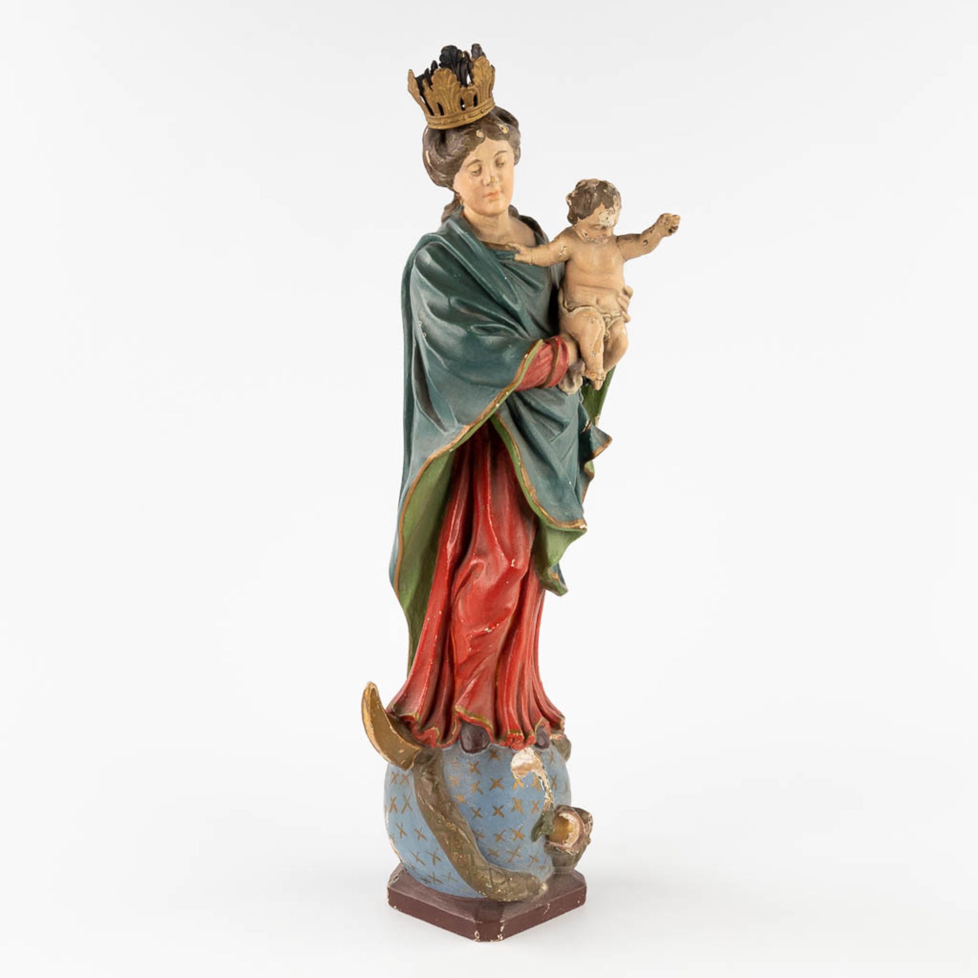 Madonna with Child standing on a Crescent moon and Serpent, wood sculpture, 19th C. (L:12 x W:16 x H - Image 3 of 14