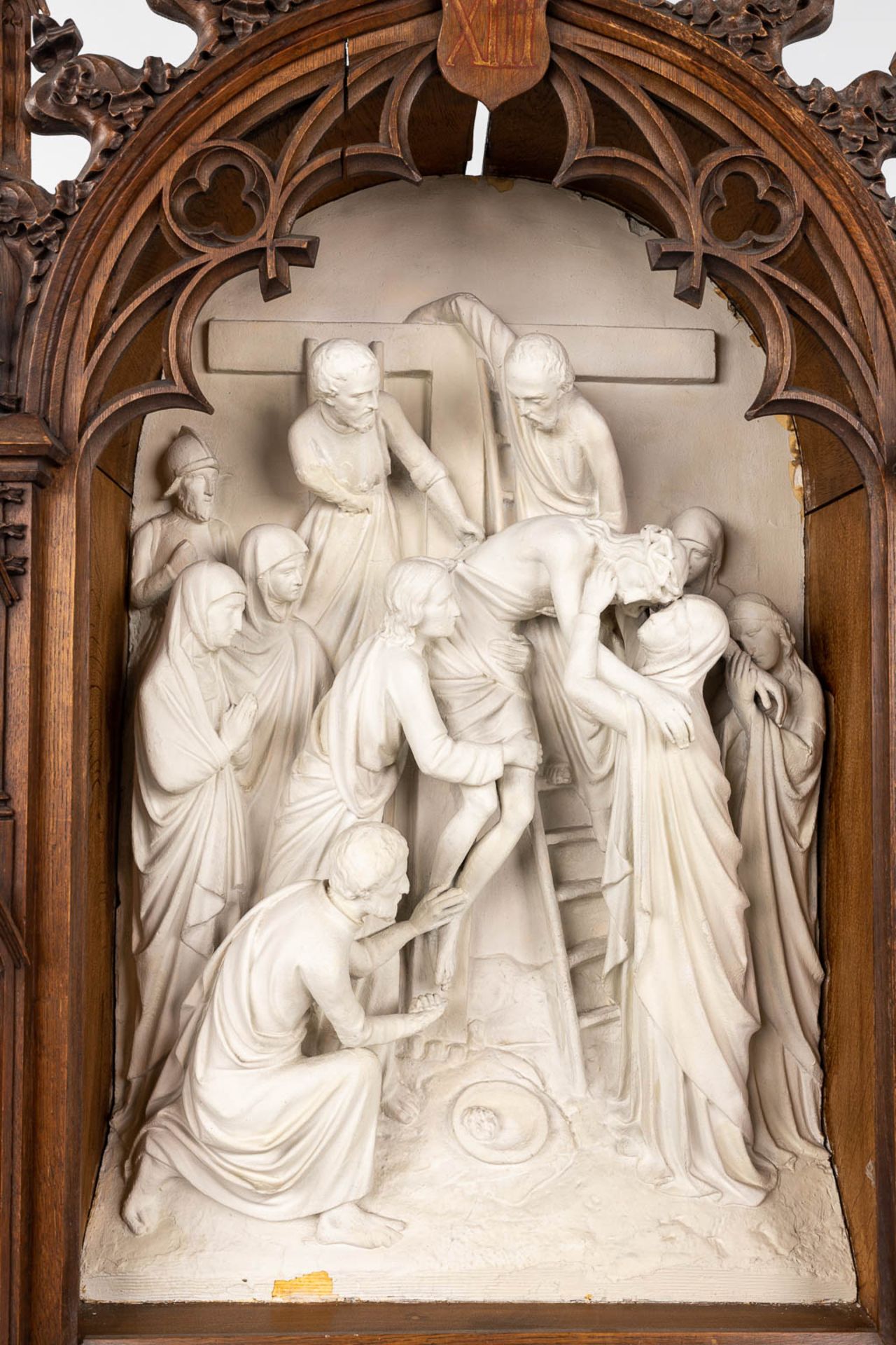 An extensive 14-piece 'Stations Of The Cross', plaster with gothic revival, wood-sculptured frames. - Image 28 of 30