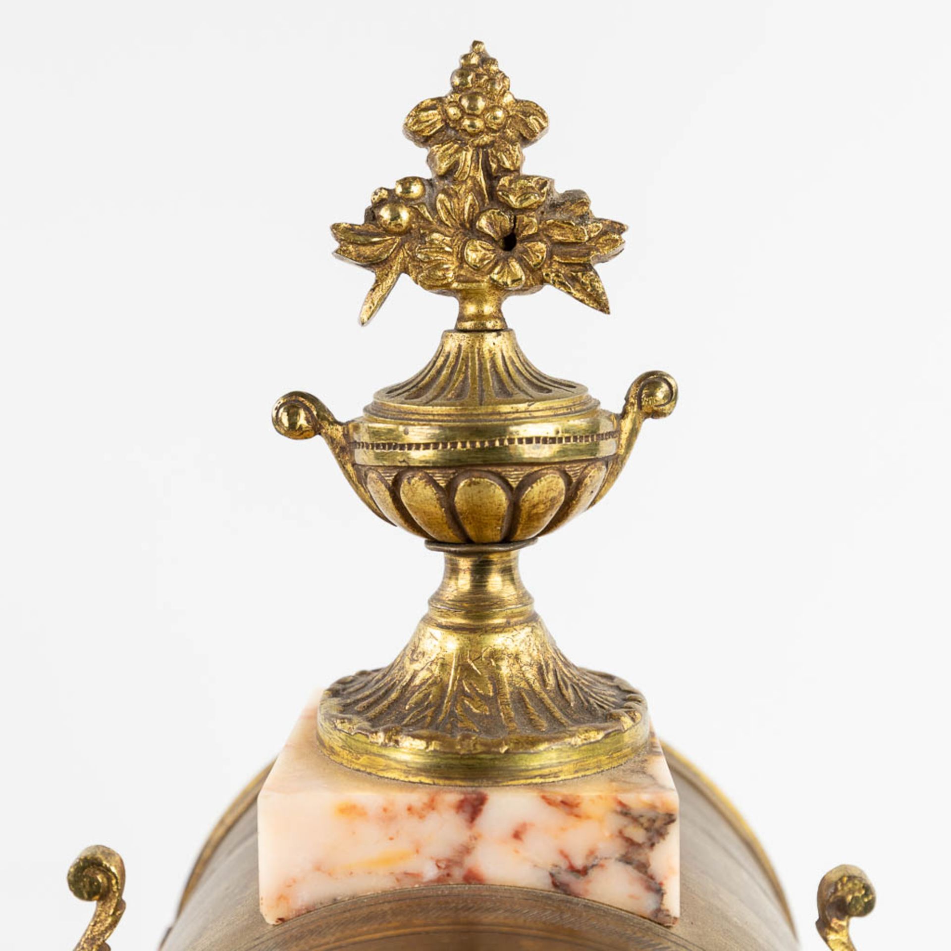 A three-piece mantle garniture, Clock with side pieces, marble mounted with bronze. Circa 1900. (L:1 - Image 9 of 13