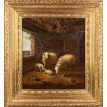 Sheep in a barn, a painting, oil on canvas. Framed in a nice frame. (W:61 x H:70 cm)