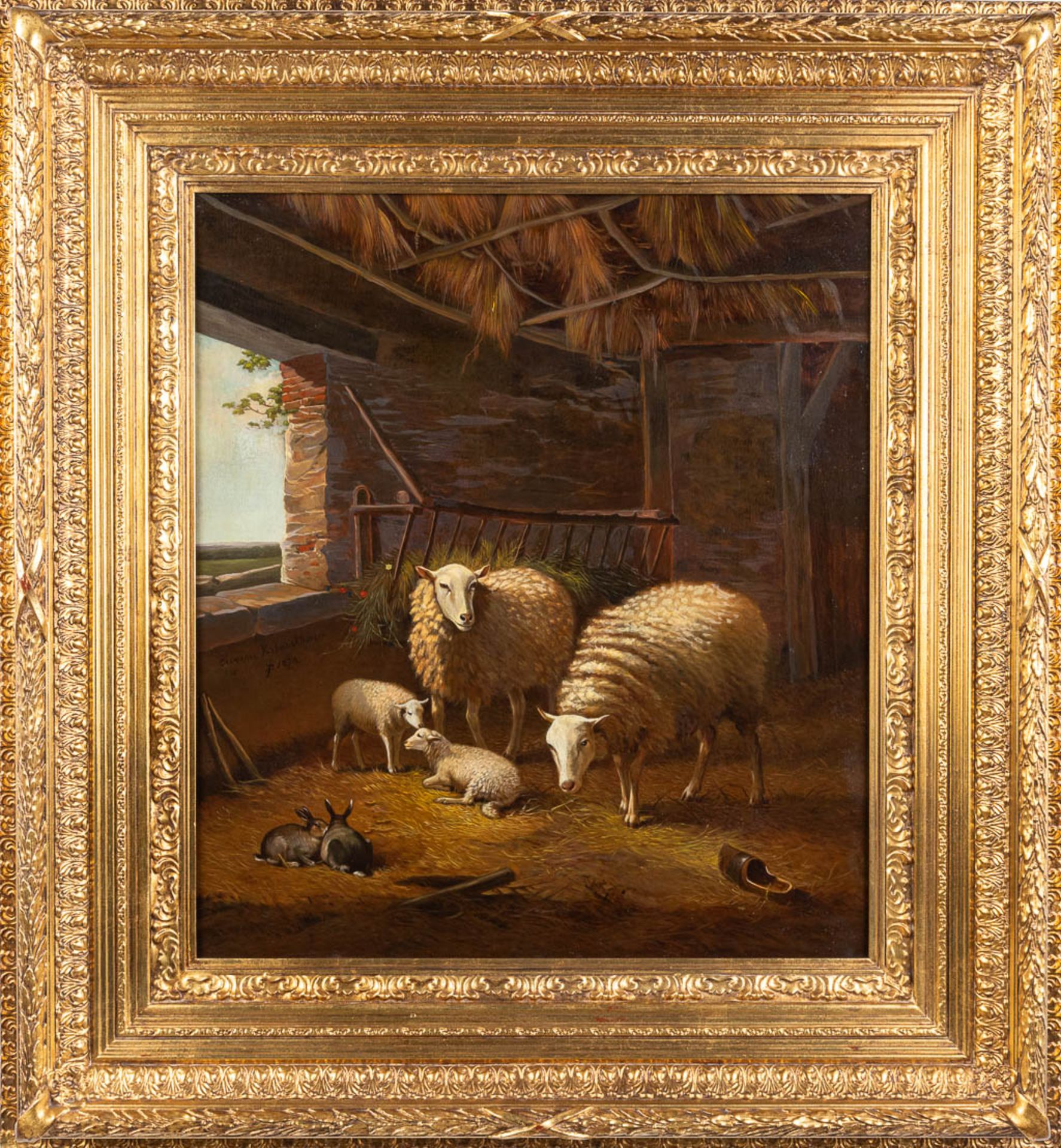 Sheep in a barn, a painting, oil on canvas. Framed in a nice frame. (W:61 x H:70 cm)