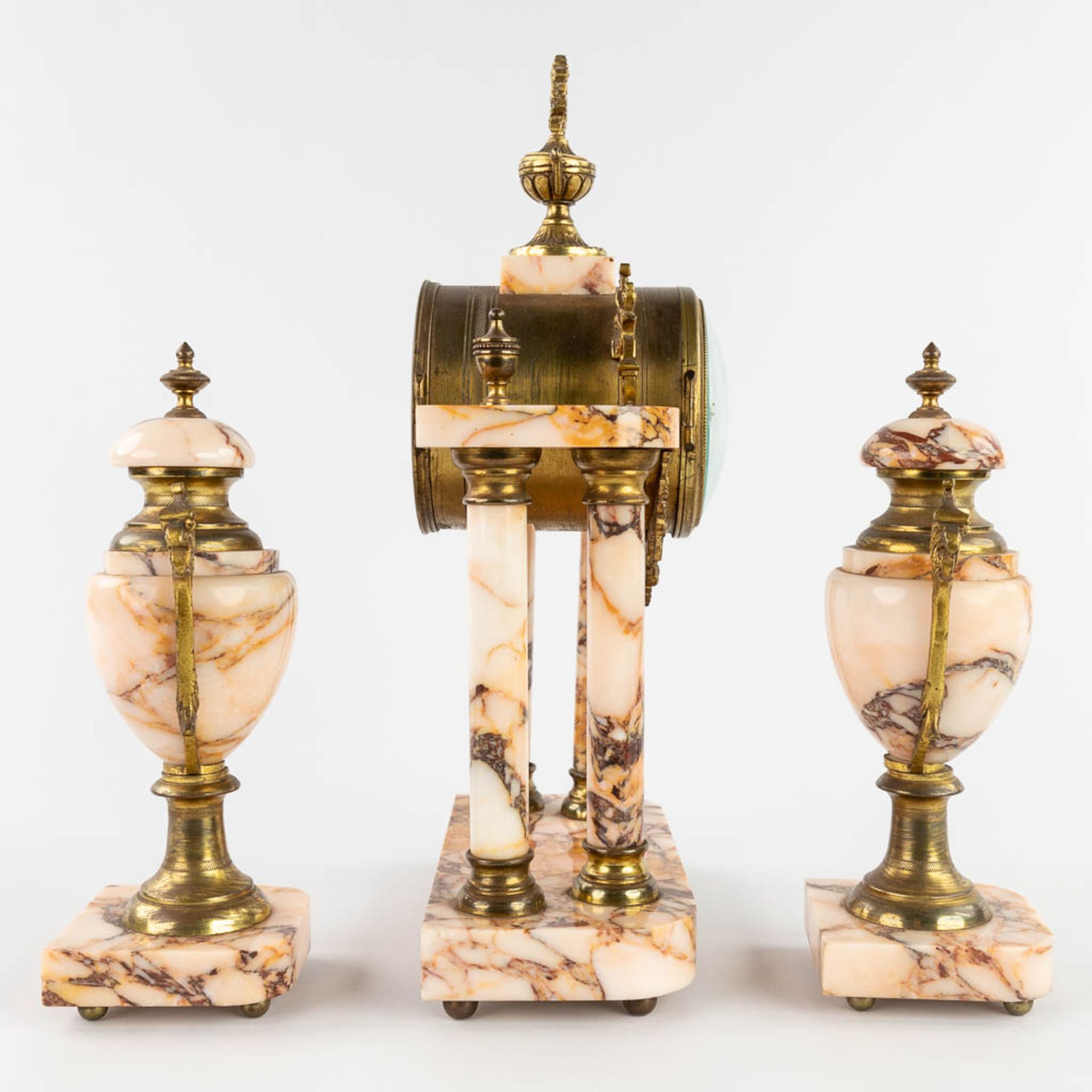 A three-piece mantle garniture, Clock with side pieces, marble mounted with bronze. Circa 1900. (L:1 - Image 5 of 13