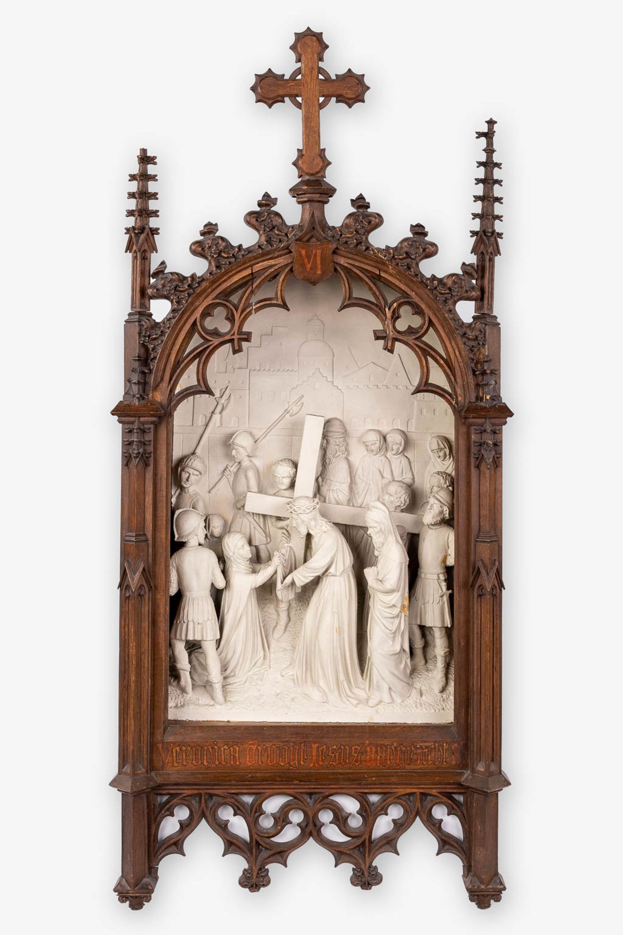 An extensive 14-piece 'Stations Of The Cross', plaster with gothic revival, wood-sculptured frames. - Image 13 of 30