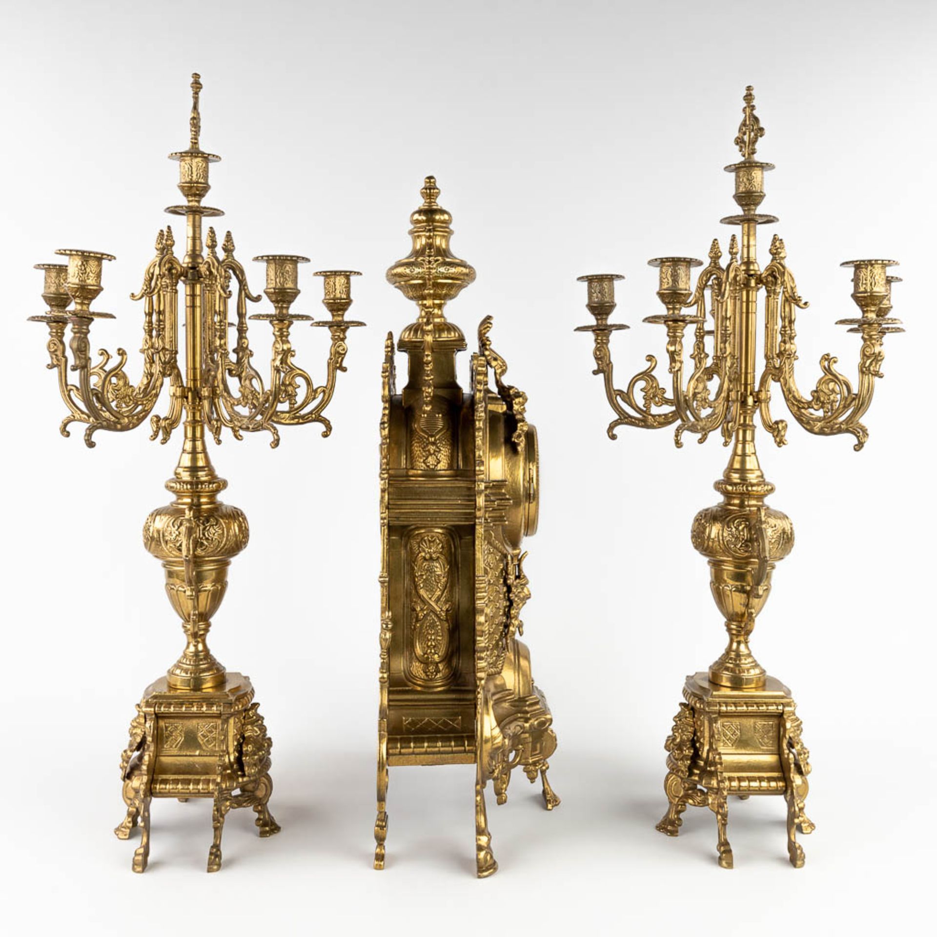 A three-piece mantle garniture clock, bronze, clock and candelaba. 20th C. (L:17 x W:26 x H:67 cm) - Image 5 of 19