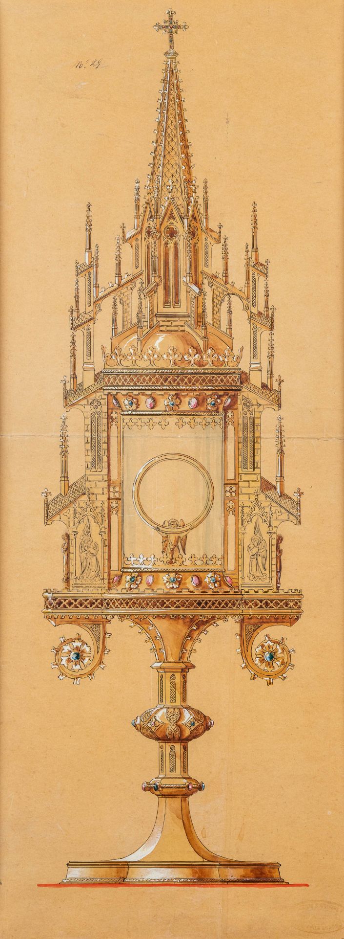 Bourdon, Ghent, an original drawing for a Monstrance, oil and pen on paper. Number 29. (W:29 x H:77