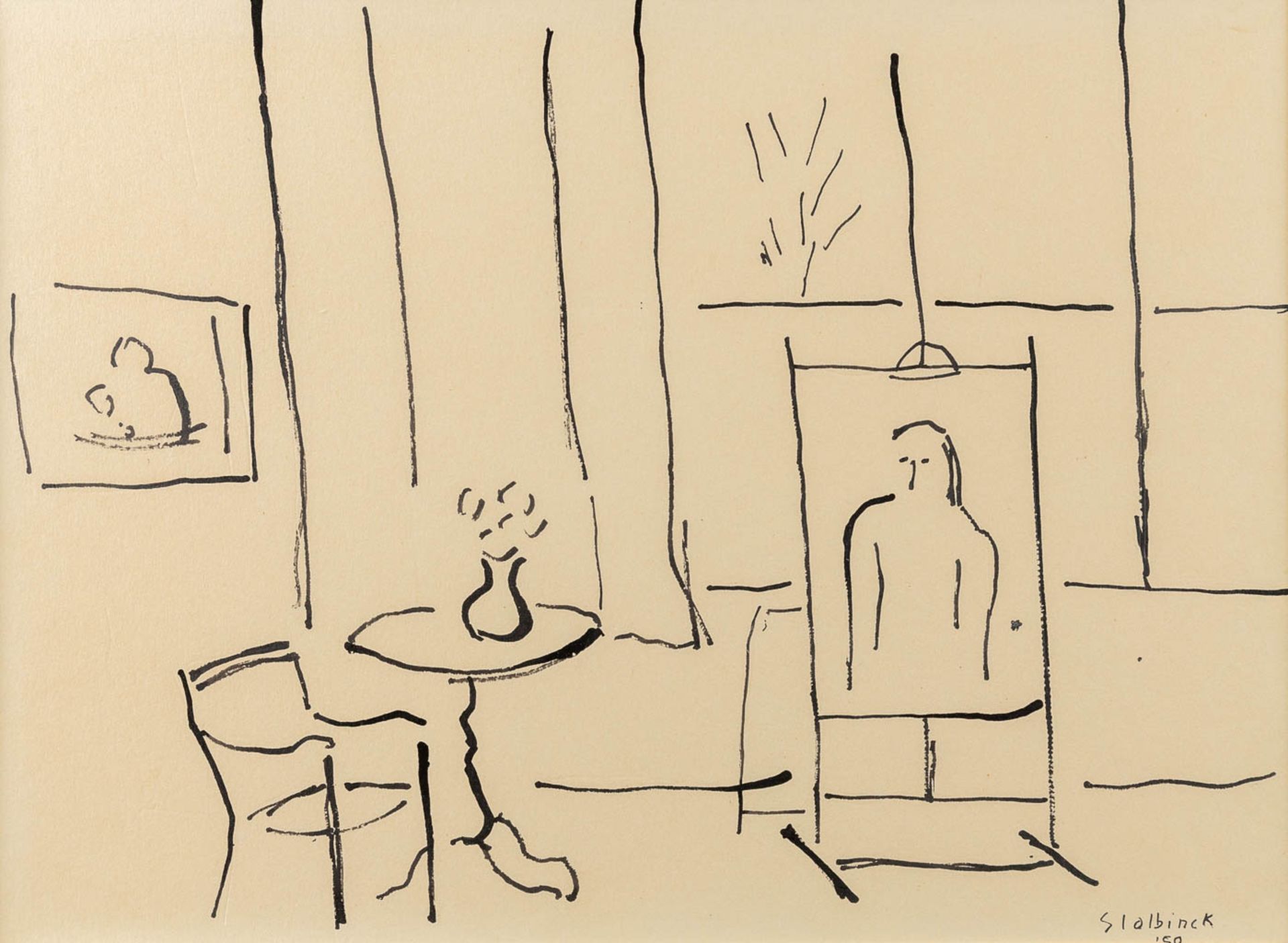 Rik SLABBINCK (1914-1991) 'Interior' a drawing, pencil and Chinese ink on paper. 1950 (W:35 x H: 25