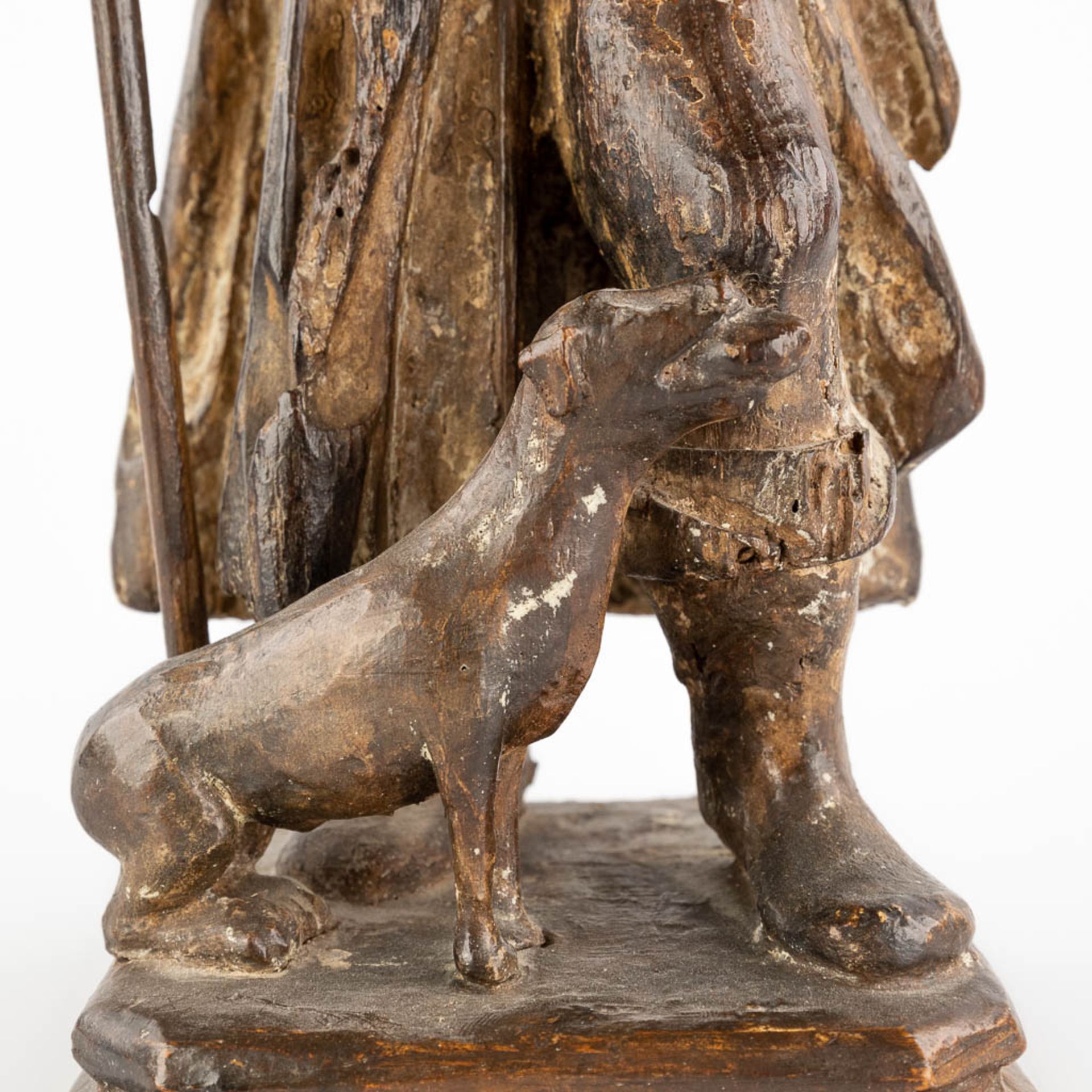 An antique wood sculpture of Saint Rochus and his dog. 18th/19th C. (L:12,5 x W:14 x H:34 cm) - Image 9 of 12