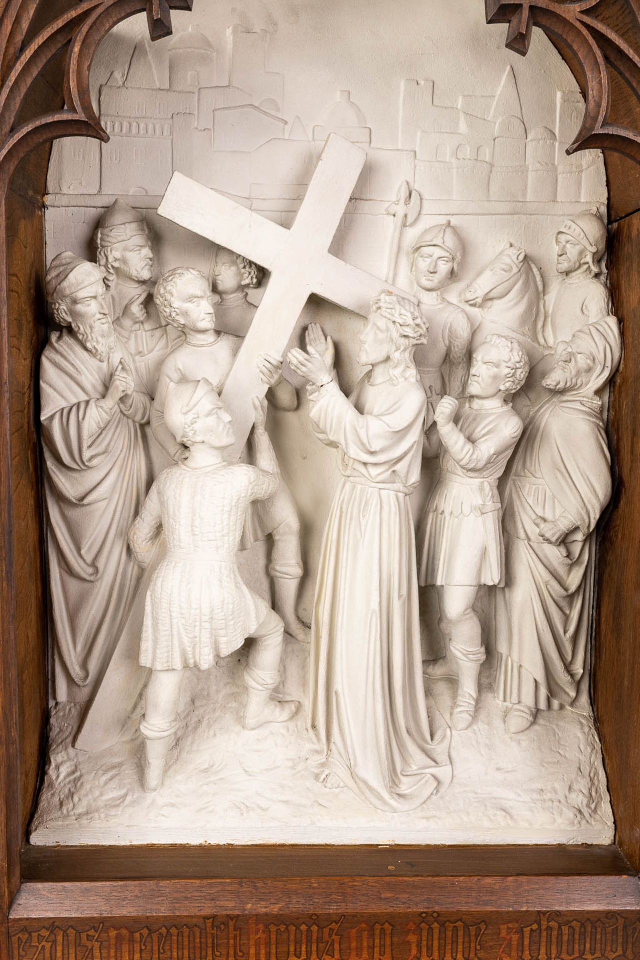 An extensive 14-piece 'Stations Of The Cross', plaster with gothic revival, wood-sculptured frames. - Image 6 of 30