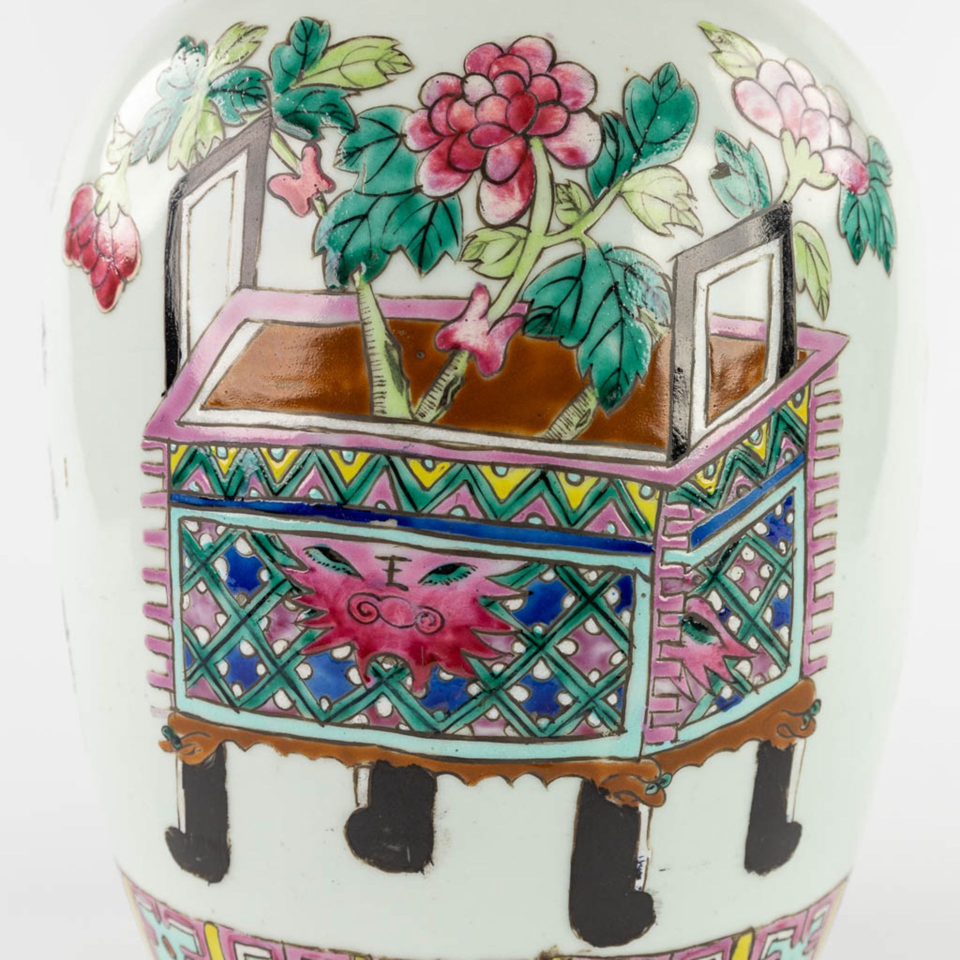 A Chinese ginger jar decorated with a double bonsai and flower vases. (H:30 x D:22 cm) - Image 11 of 14