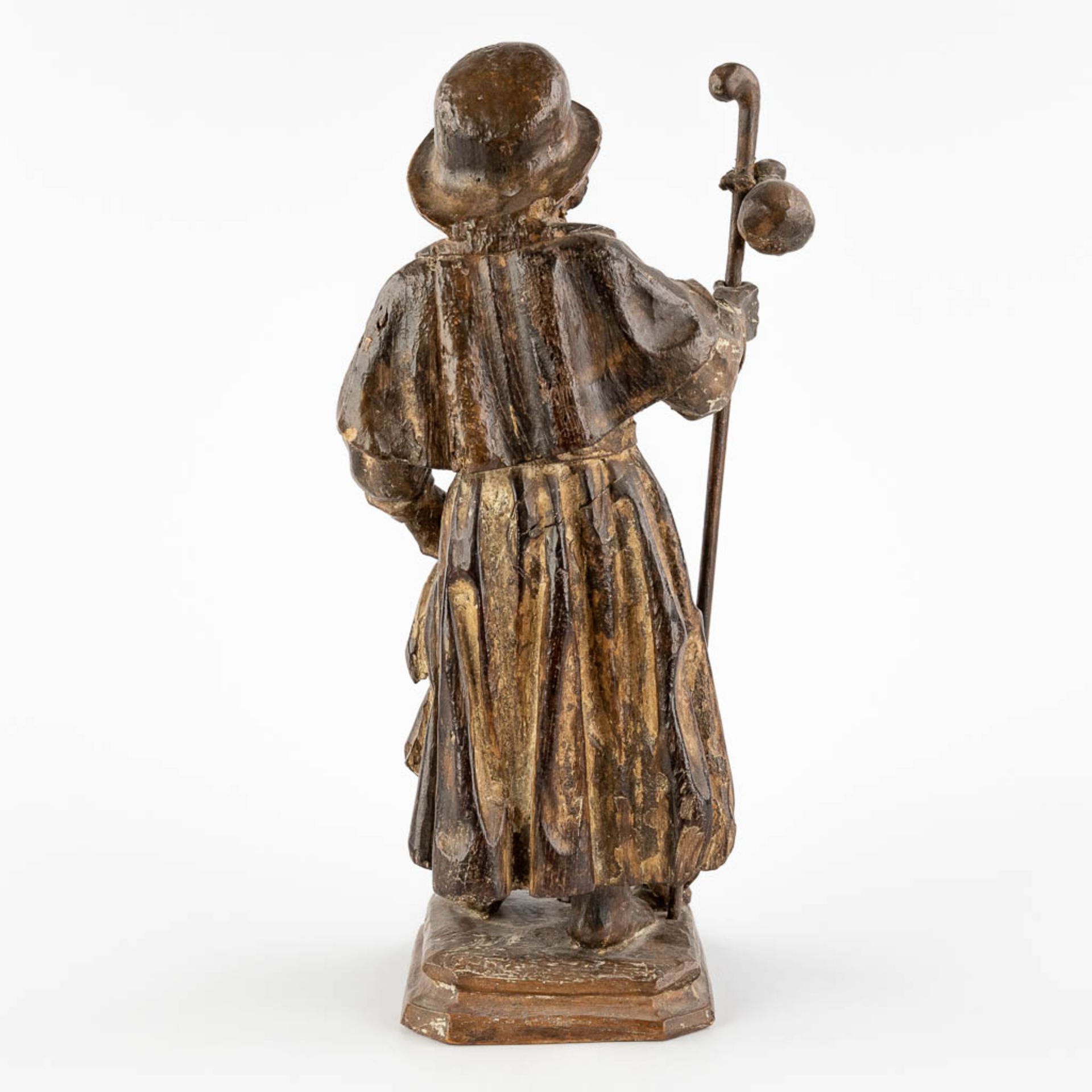 An antique wood sculpture of Saint Rochus and his dog. 18th/19th C. (L:12,5 x W:14 x H:34 cm) - Image 5 of 12