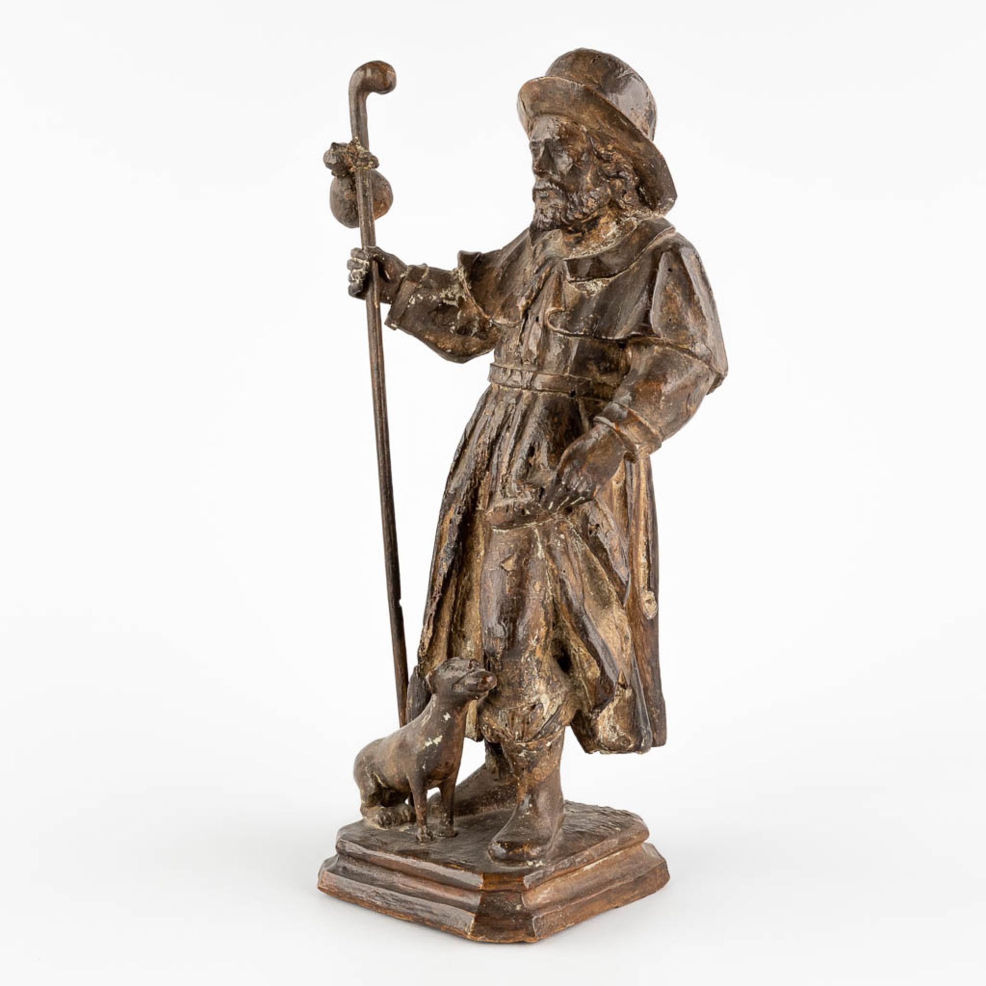An antique wood sculpture of Saint Rochus and his dog. 18th/19th C. (L:12,5 x W:14 x H:34 cm) - Image 7 of 12