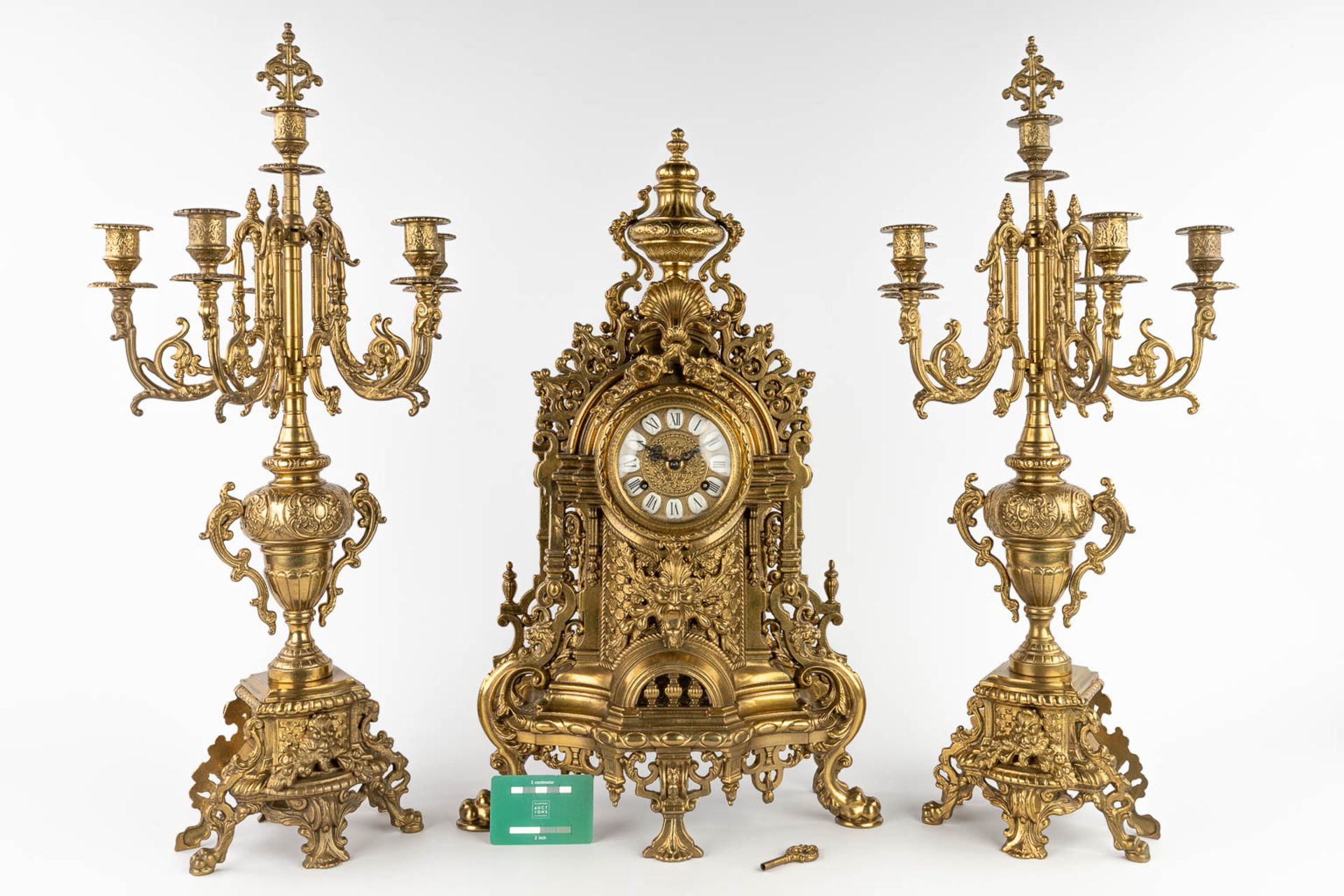 A three-piece mantle garniture clock, bronze, clock and candelaba. 20th C. (L:17 x W:26 x H:67 cm) - Image 2 of 19