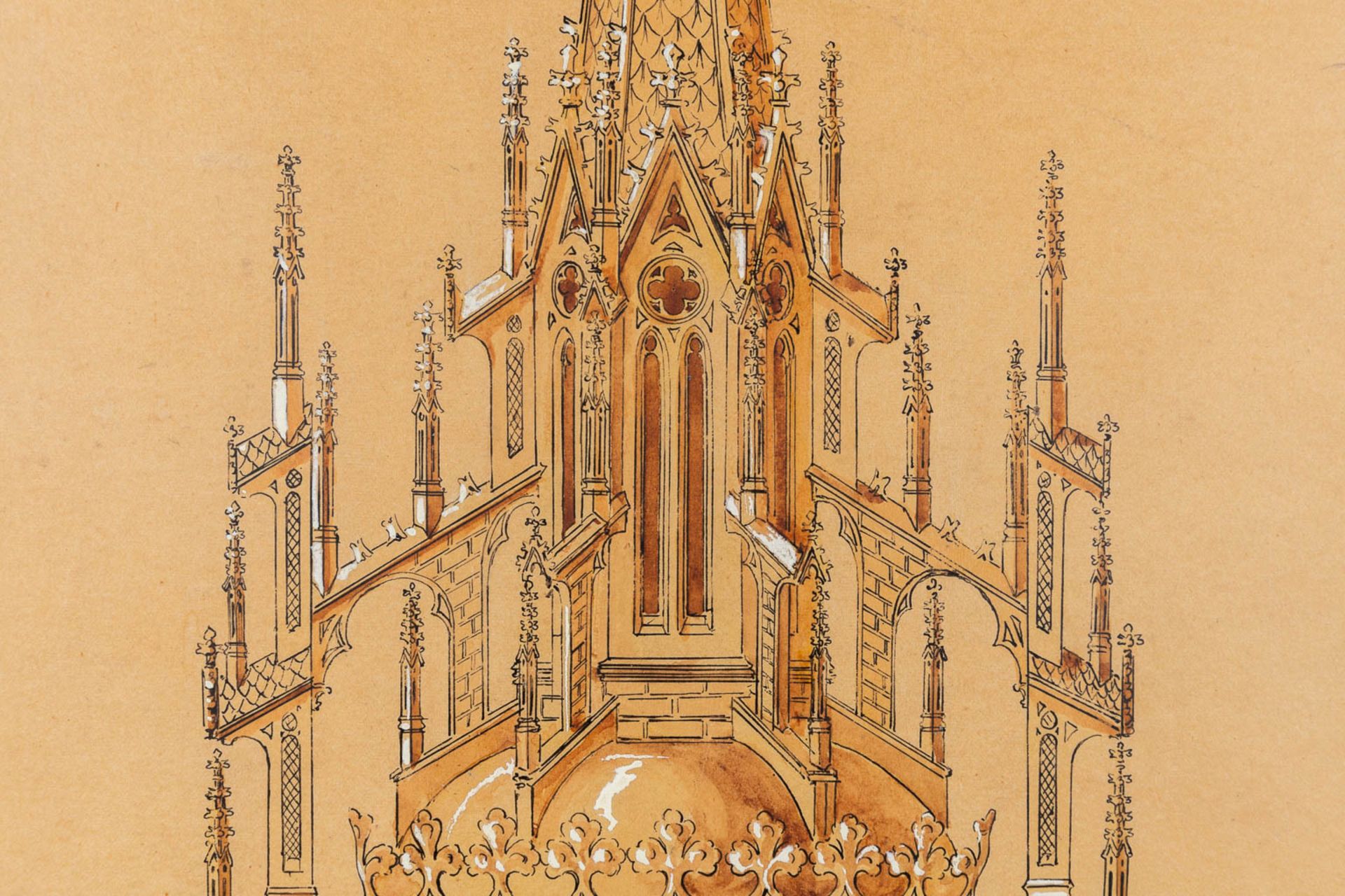 Bourdon, Ghent, an original drawing for a Monstrance, oil and pen on paper. Number 29. (W:29 x H:77 - Image 5 of 10