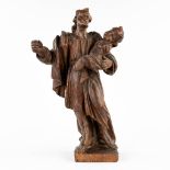 An antique wood-sculpture 'Joseph and baby Jesus', 17th/18th C. (L:14 x W:27 x H:48 cm)