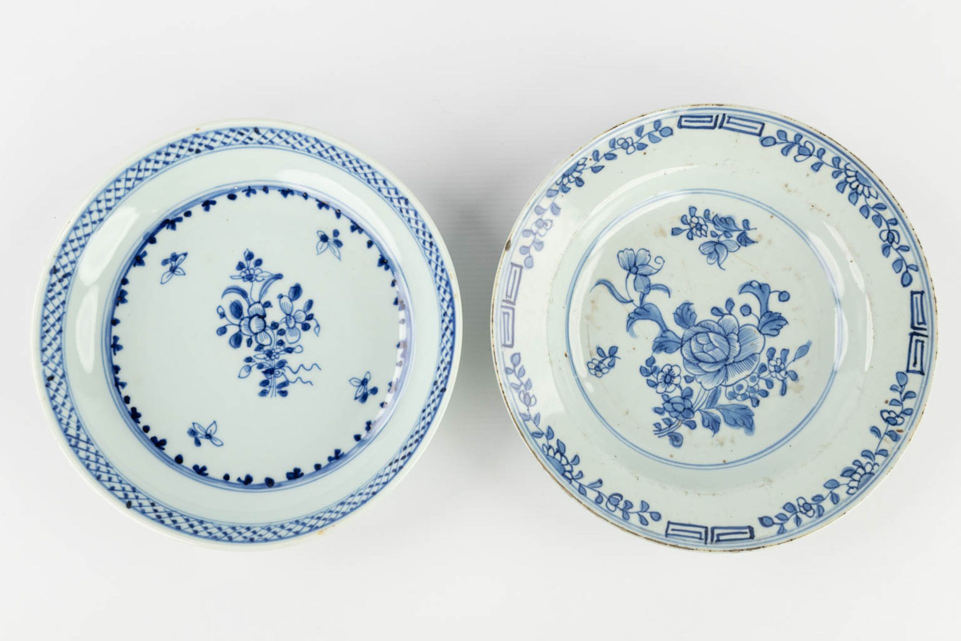 Nine Chinese blue-white decor, of which one has a silver holder. 19th/20th C. (D:23,5 cm) - Image 8 of 16