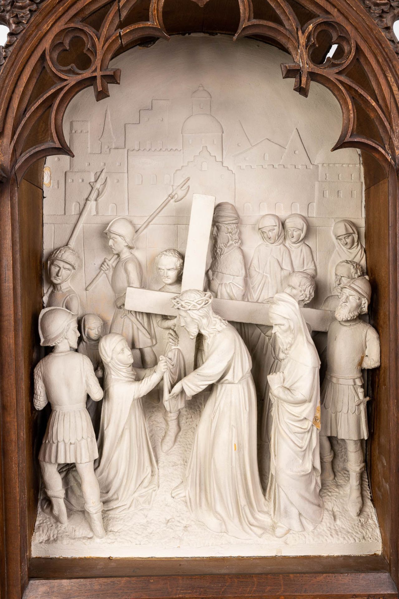 An extensive 14-piece 'Stations Of The Cross', plaster with gothic revival, wood-sculptured frames. - Image 14 of 30