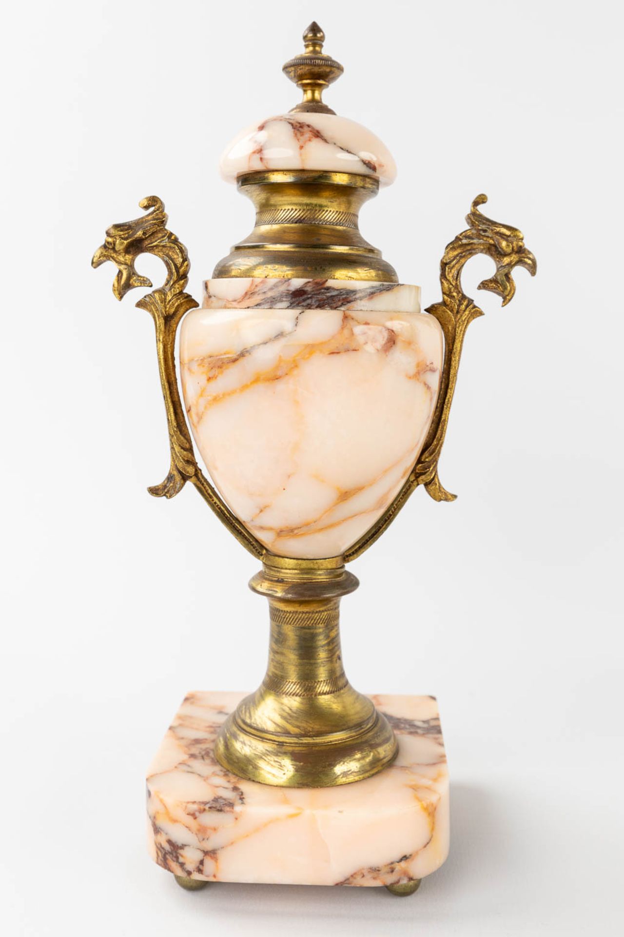A three-piece mantle garniture, Clock with side pieces, marble mounted with bronze. Circa 1900. (L:1 - Image 8 of 13